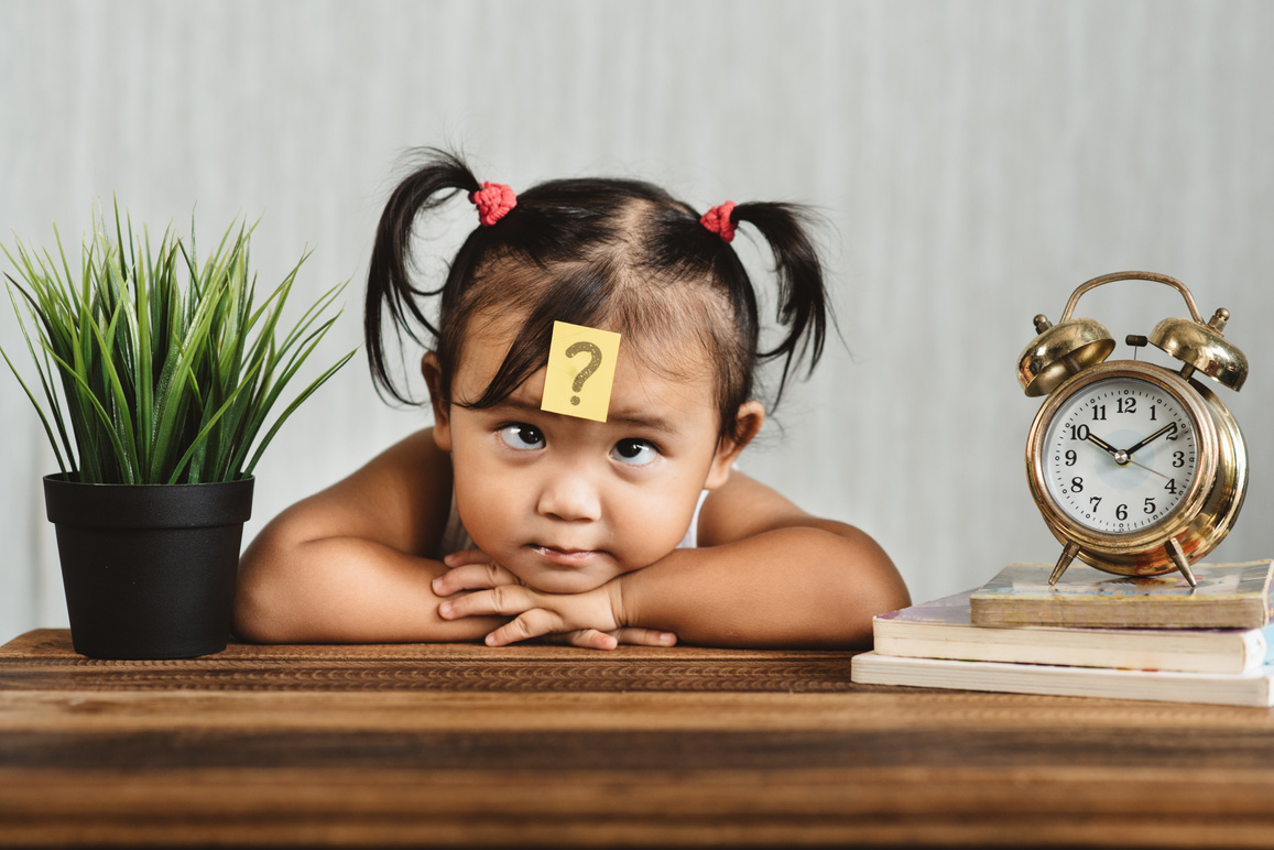 Cute Girl With Question Mark On Forehead At Home